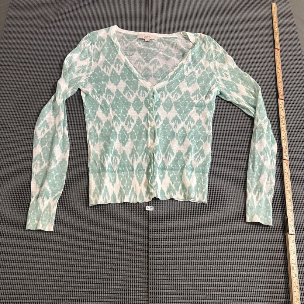 Ann Taylor LOFT Womens Green White Ikat Diamond Button Front Cardigan Size S